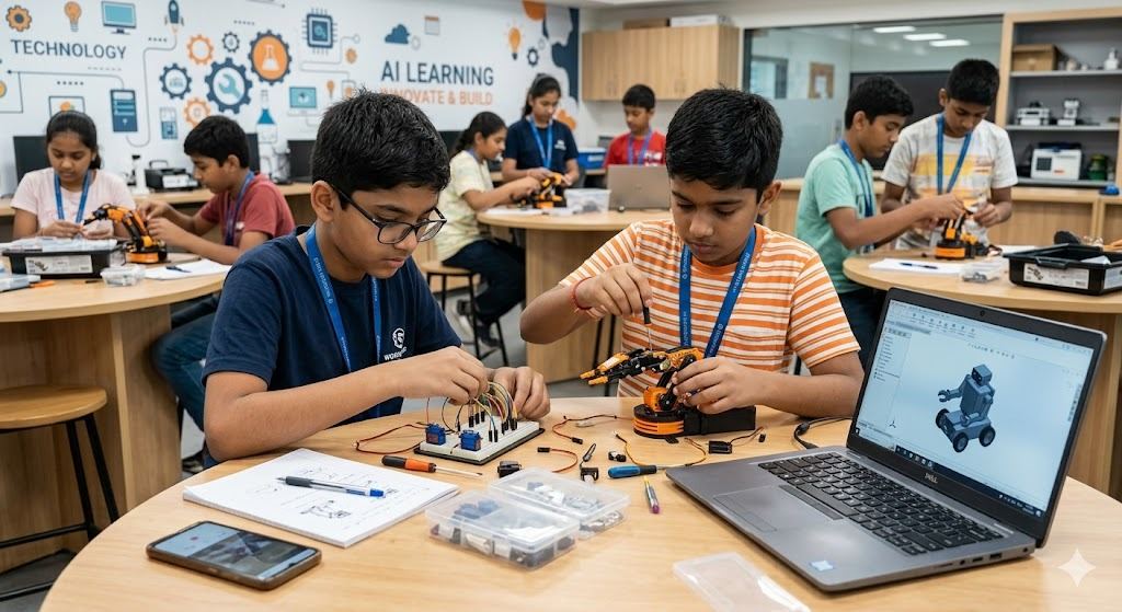 Students assembling robots in an AI learning lab